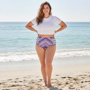 Torrid High Rise Swim Bottom 2X Pink Blue Chevron Lattice Side Mesh Vacation EUC